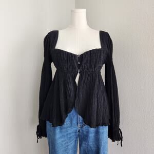 Urban Outfitters Black Crinkle Button Front Empire Top Long Sleeve Smocked L